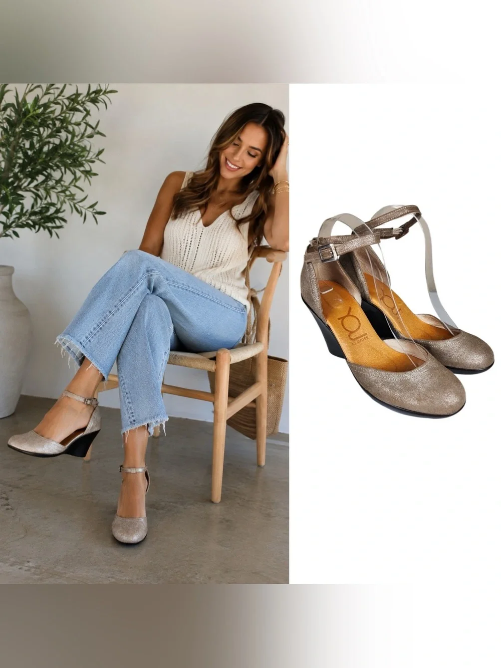 YOU by Crocs Metallic Champagne Ankle Strap Wedge Heels Women’s US 7.5 EU 38